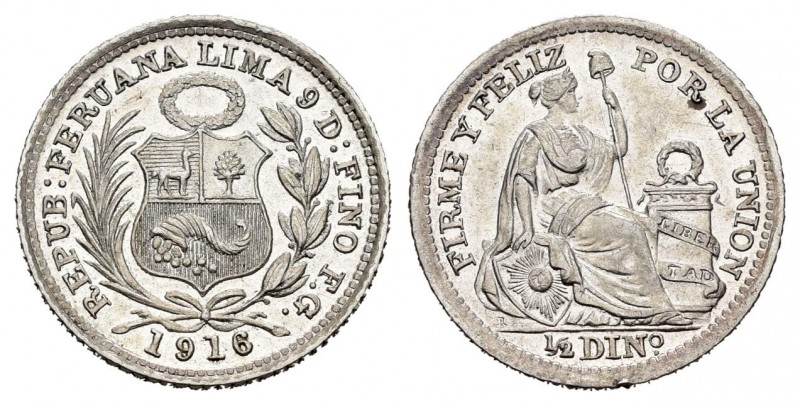 Perú. 1/2 dinero. 1916. Lima. (Km-206.2). Ag. 1,28 g. Error en leyenda: REPUB: F...