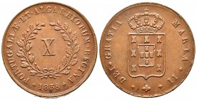 Portugal. María II. 10 reis. 1838. (Gomes-12.03). Ae. 12,55 g. MBC+. Est...45,00. English: Portugal. 10 reis. 1838. (Gomes-12.03). Ae. 12,55 g. Choice...