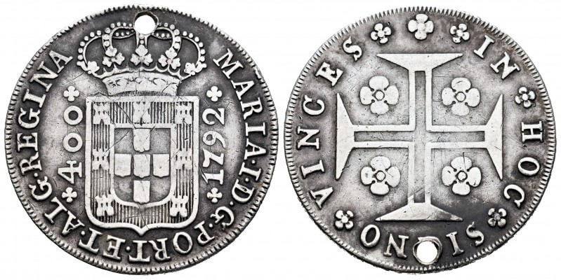 Portugal. María I. 400 reis. 1792. (Km-288). Ag. 14,23 g. Agujero. Rara. MBC+. E...