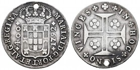 Portugal. María I. 400 reis. 1792. (Km-288). Ag. 14,23 g. Agujero. Rara. MBC+. Est...90,00. English: Portugal. 400 reis. 1792. (Km-288). Ag. 14,23 g. ...