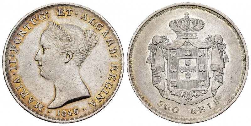 Portugal. María II. 500 reis. 1846. (Km-471). (Gomes-39.11). Ag. 14,81 g. Ligera...