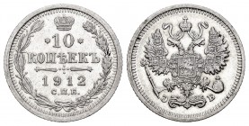 Rusia. Nicholas II. 10 kopeks. 1912. San Petesburgo. (Bitkin-164). (Km-Y20a.2). Ag. 1,84 g. MBC+. Est...18,00. English: Russia. Nicholas II. 10 kopeks...