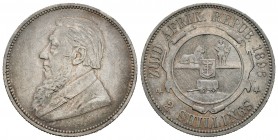 Sudáfrica. 2 shillings. 1896. (Km-6). Ag. 11,30 g. Tono. EBC-. Est...40,00. English: South Africa. 2 shillings. 1896. (Km-6). Ag. 11,30 g. Toned. Almo...