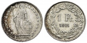 Suiza. 1 franco. 1911. Berna. B. (Km-22). Ag. 4,98 g. EBC-. Est...18,00. English: Switzerland. 1 franco. 1911. Bern. B. (Km-22). Ag. 4,98 g. Almost XF...