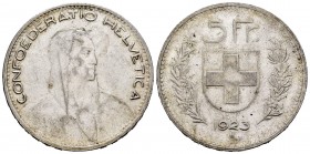 Suiza. 5 francos. 1923. Berna. B. (Km-37). Ag. 24,91 g. EBC. Est...100,00. English: Switzerland. 5 francos. 1923. Bern. B. (Km-37). Ag. 24,91 g. XF. E...