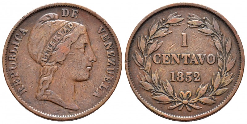 Venezuela. 1 centavo. 1852. (Km-Y6). Ae. 10,72 g. MBC-. Est...20,00. English: Ve...
