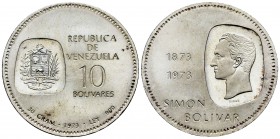 Venezuela. 10 bolívares. 1973. (Km-Y45). Ag. 30,00 g. SC-. Est...25,00. English: Venezuela. 10 bolívares. 1973. (Km-Y45). Ag. 30,00 g. Almost UNC. Est...