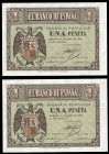1 peseta. 1938. Burgos. (Ed 2017-428a). 30 de abril. Escudo de España. Serie E. Pareja correlativa. SC. Est...50,00. English: 1 peseta. 1938. Burgos. ...