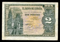 2 pesetas. 1937. Burgos. (Ed 2017-426). 12 de octubre, Arco de Santa María y catedral. Serie A. Dobleces y manchitas. EBC-. Est...100,00. English: 2 p...