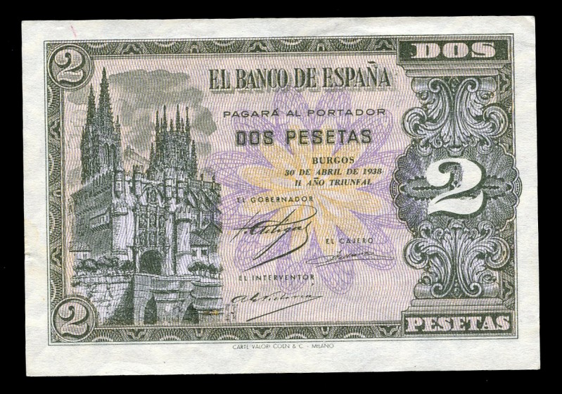 2 pesetas. 1938. Burgos. (Ed 2017-429a). 30 de abril, Arco de Santa María y cate...