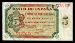 5 pesetas. 1938. Burgos. (Ed 2017-435a). 10 de agosto, por Giesecke y Devrient. Serie C. Punto de óxido. EBC+. Est...45,00. English: 5 pesetas. 1938. ...