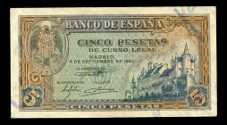 5 pesetas. 1940. Madrid. (Ed 2017-443a). 4 de septiembre, Alcázar de Segovia. Serie J. MBC+. Est...40,00. English: 5 pesetas. 1940. Madrid. (Ed 2017-4...