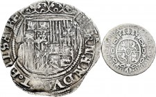 Lote de 2 monedas españolas, 1 real de RRCC (ceca por determinar) y 1/2 real proclamación de Madrid de Isabel II. A EXAMINAR. BC/MBC-. Est...25,00. En...