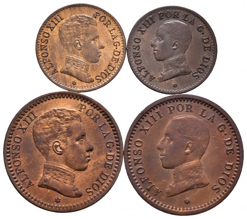 Lote de 4 piezas de cobre de Alfonso XIII, 2 de 1 céntimo (1906, 1913) y 2 de 2 ...