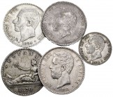 Lote de 5 piezas de plata del Centenario de La Peseta, 2 pesetas 1884 y 5 pesetas 1870, 1871, 1884, 1893 PGV. A EXAMINAR. MBC-/MBC+. Est...80,00. Engl...