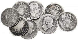 Lote de 9 piezas de 20 centavos de Alfonso XII, 1881 (1), 1883 (8), una con agujero. A EXAMINAR. BC-/BC. Est...50,00. English: Lote de 9 piezas de 20 ...
