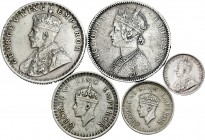India Británica. Lote de 5 piezas de plata, 2 de 1 rupia (1893, 1914), 1 de 172 rupia (1943), 1 de 1/ 4 de rupia (1944), 1 de 2 annas (1916). A EXAMIN...