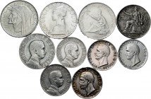 Italia. Lote de 10 piezas de plata, 3 de1 lira (1910, 1912, 1928), 1 de 2 liras (1908), 3 de 5 liras (1926, 1927, 1928). 3 de 500 liras (1960, 1961, 1...