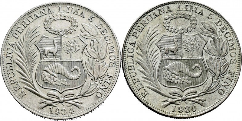 Perú. Lote de 2 piezas de plata de 1 sol, (1930, 1934). A EXAMINAR. EBC-/EBC. Es...