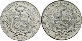 Perú. Lote de 2 piezas de plata de 1 sol, (1930, 1934). A EXAMINAR. EBC-/EBC. Est...50,00. English: Peru. Lote de 2 piezas de plata de 1 sol, (1930, 1...