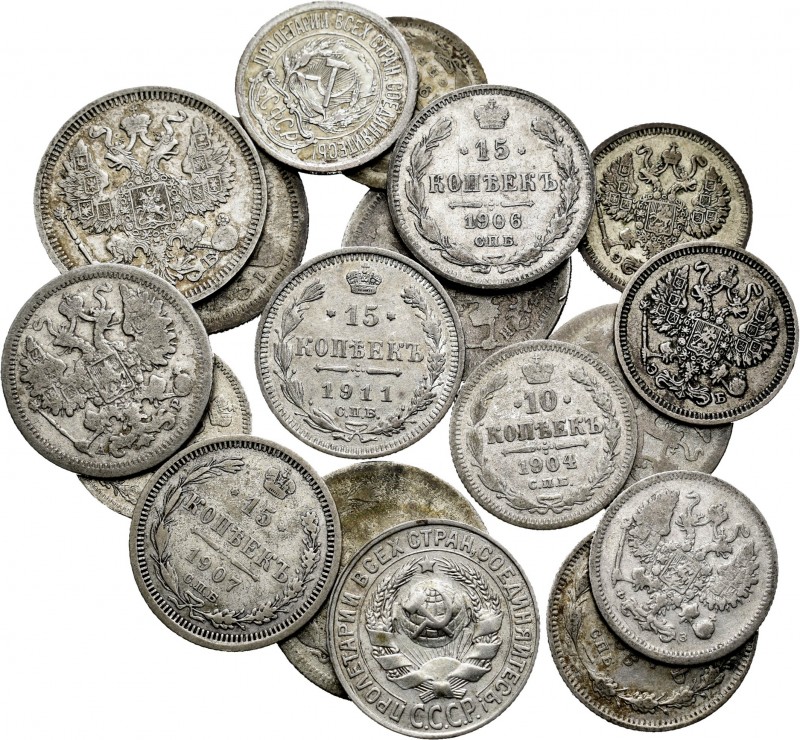 Lote de 18 monedas de plata de Rusia, 10 kopecks (7), 15 kopecks (7), 20 kopecks...