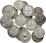 Lote de 18 monedas de plata de Rusia, 10 kopecks (7), 15 kopecks (7), 20 kopecks (4), diferentes fechas. A EXAMINAR. BC-/MBC+. Est...50,00. English: L...