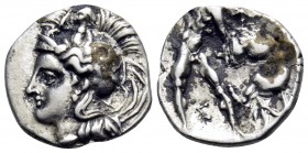 CALABRIA. Tarentum. Circa 380-325 BC. Diobol (Silver, 12.5 mm, 1.21 g, 9 h). Head of Athena to left, wearing Attic helmet adorned with Skylla. Rev. [T...