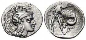 CALABRIA. Tarentum. Circa 380-325 BC. Diobol (Silver, 13 mm, 0.99 g, 12 h). Head of Athena to right, wearing Attic helmet adorned with a hippocamp; [H...
