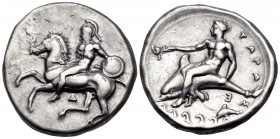 CALABRIA. Tarentum. Circa 344-340 BC. Nomos (Silver, 21 mm, 7.78 g, 2 h), struck under the magistrates D.. and E... Helmeted ephebe, nude, holding a s...
