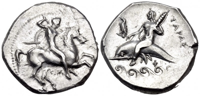 CALABRIA. Tarentum. Circa 325-281 BC. Nomos (Silver, 20 mm, 7.96 g, 6 h), struck...
