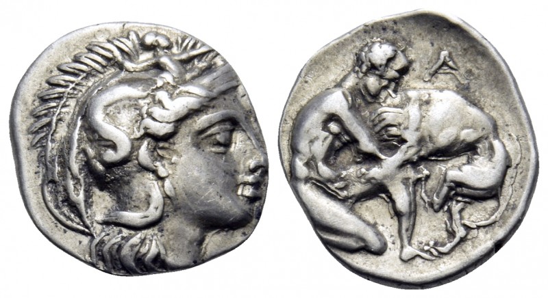 CALABRIA. Tarentum. Circa 380-325 BC. Diobol (Silver, 12 mm, 1.15 g, 8 h). Head ...