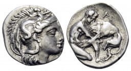 CALABRIA. Tarentum. Circa 380-325 BC. Diobol (Silver, 12 mm, 1.15 g, 8 h). Head of Athena to right, wearing Attic helmet adorned with Skylla. Rev. Her...