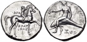 CALABRIA. Tarentum. Circa 302-280 BC. Didrachm or nomos (Silver, 21 mm, 8.01 g, 4 h), struck under the magistrates Ago.., Kratinos and Xor... KPAT/INO...