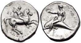 CALABRIA. Tarentum. Circa 302-280 BC. Didrachm or nomos (Silver, 21.5 mm, 7.84 g, 7 h), struck under the magistrates Si.. and Deinokrates. Nude rider ...