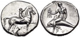 CALABRIA. Tarentum. Circa 280-272 BC. Nomos (Silver, 20 mm, 7.90 g, 7 h), struck under the magistrates Sa.., Arethon and Sas... ΣΑ - ΑΡΕ / ΘΩΝ Nude yo...