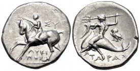 CALABRIA. Tarentum. Circa 272-240 BC. Didrachm or nomos (Silver, 21 mm, 6.54 g, 11 h), struck under magistrates Lykinos and Sy.... Youthful nude jocke...