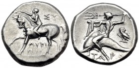 CALABRIA. Tarentum. Circa 272-240 BC. Didrachm or nomos (Silver, 18 mm, 6.45 g, 7 h), struck under magistrates Lykinos and Sy.... Youthful nude jockey...
