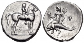 CALABRIA. Tarentum. Circa 272-240 BC. Stater (Silver, 20 mm, 6.37 g, 4 h), struck under the magistrates Phi.. and Philenenos. ΦΙ / ΦΙΛΗΝΕ-ΝΟ[Σ] Nude y...