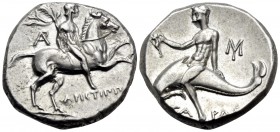 CALABRIA. Tarentum. Circa 240-228 BC. Didrachm or nomos (Silver, 19 mm, 6.57 g, 7 h), struck under magistrate Aristippos. APISTIΠΠ[OS] Nude ephebe, ho...