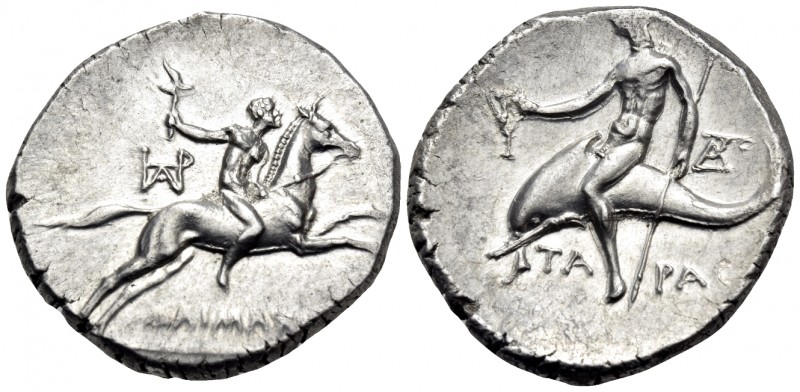 CALABRIA. Tarentum. Circa 240-228 BC. Didrachm or nomos (Silver, 21.5 mm, 6.59 g...