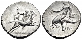 CALABRIA. Tarentum. Circa 240-228 BC. Didrachm or nomos (Silver, 21.5 mm, 6.59 g, 9 h), struck under magistrate Daimachos. ΔAIMAXOΣ Nude ephebe, holdi...