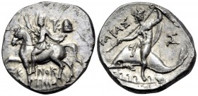 CALABRIA. Tarentum. Circa 240-228 BC. Didrachm or nomos (Silver, 21 mm, 6.48 g, 7 h), struck under magistrate Xenokrates. ΞΕ-ΝΟΚΡΑ/Τ-ΗΣ Armored cavalr...