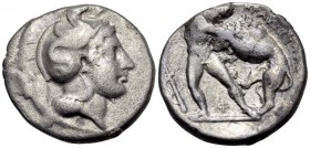 LUCANIA. Herakleia. Circa 420/15-390 BC. Nomos (Silver, 22 mm, 7.34 g, 1 h). Head of Athena to right, wearing crested Athenian helmet adorned with hip...