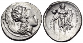 LUCANIA. Herakleia. Circa 330-320 BC. Didrachm or nomos (Silver, 22.5 mm, 7.85 g, 3 h), signed by the engraver Atha... [˫ΗΡΑΚΛΗΙΩΝ] Head of Athena to ...