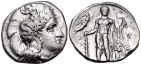 LUCANIA. Herakleia. Circa 330/25-281 BC. Didrachm or nomos (Silver, 22 mm, 7.71 g, 7 h). Head of Athena to right, wearing a Corinthian helmet adorned ...