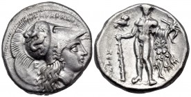 LUCANIA. Herakleia. Circa 281-278 BC. Didrachm or nomos (Silver, 21 mm, 7.82 g, 9 h), time of Pyrrhos, struck under the magistrate Aris... ˫ΗΡΑΚΛΗΙΩΝ ...