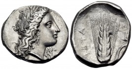 LUCANIA. Metapontum. Circa 330-290 BC. Didrachm or nomos (Silver, 20 mm, 7.86 g, 8 h), struck under the magistrates Dae..and Mach... Head of Demeter t...
