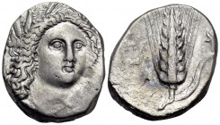 LUCANIA. Metapontum. Circa 330-290 BC. Didrachm or nomos (Silver, 19.5 mm, 7.81 g, 11 h), struck under the magistrates Ap... and Atha... Head of Demet...