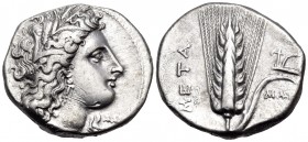 LUCANIA. Metapontum. Circa 330-290 BC. Didrachm or nomos (Silver, 20.5 mm, 7.78 g, 11 h), struck under the magistrates Dae..and Mach... Head of Demete...