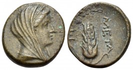 LUCANIA. Metapontum. Circa 300-250 BC. Chalkous (Bronze, 15 mm, 2.74 g, 10 h). Veiled head of Demeter to right. Rev. META Ear of barley with leaf to r...